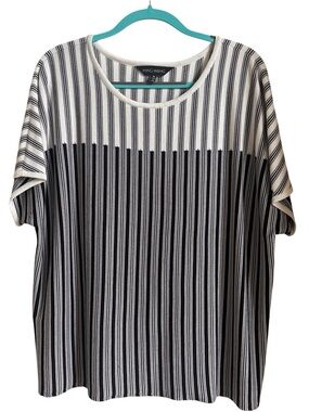 Ming Wang Black and White Vertical Stripe Short Sleeve Top